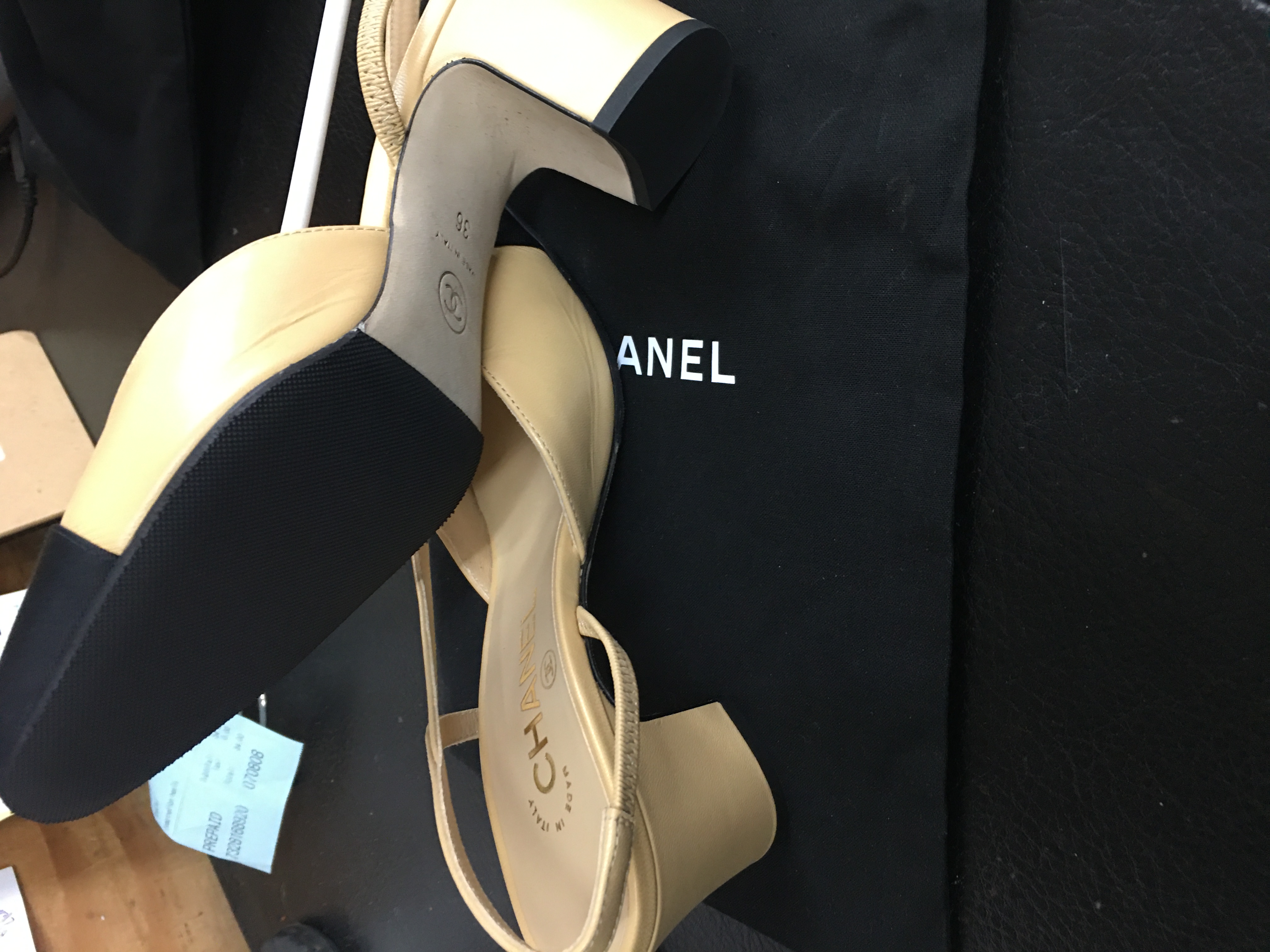 Tan black Chanel slingback heels