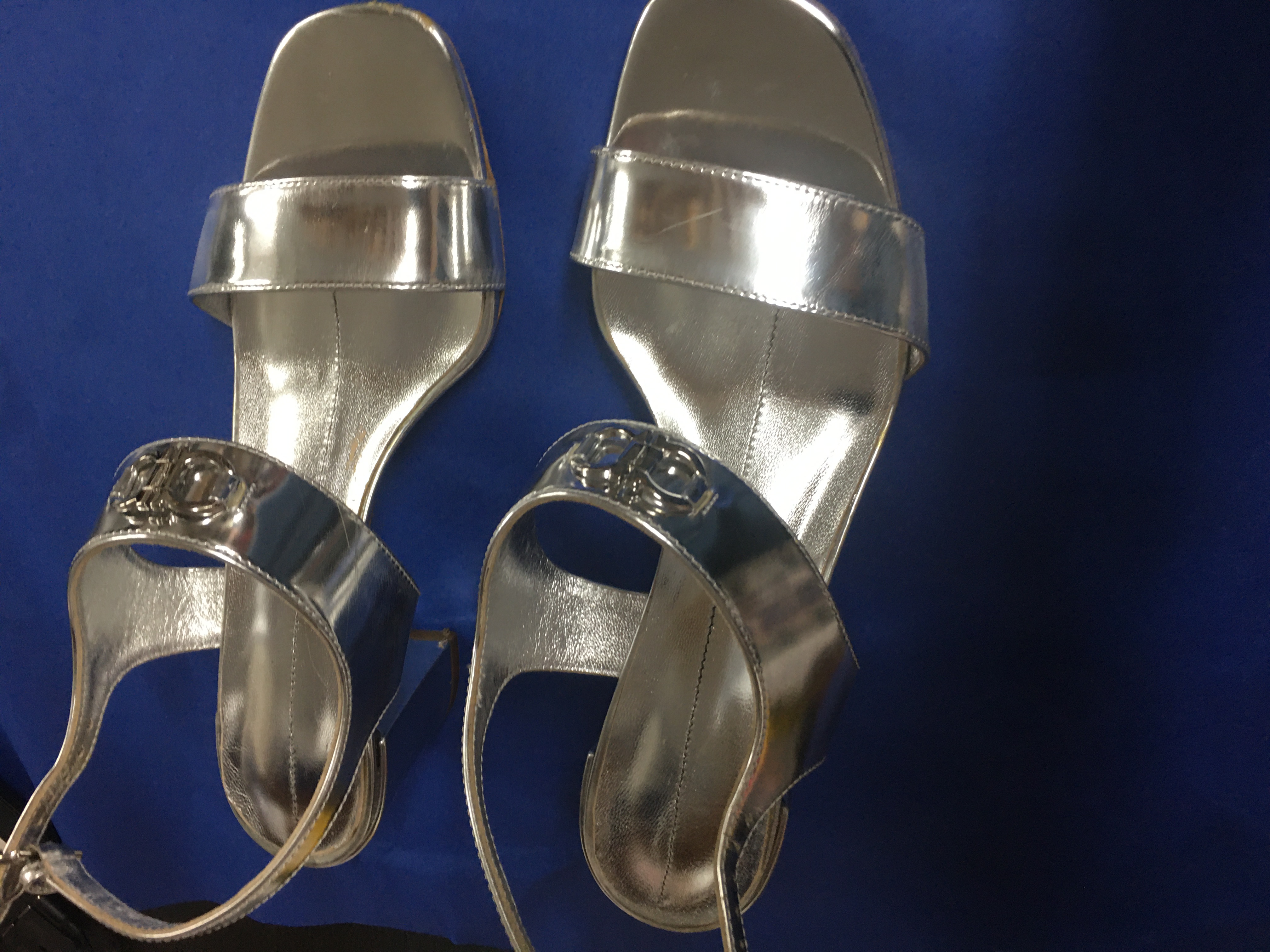 Metallic silver Chanel strappy sandals