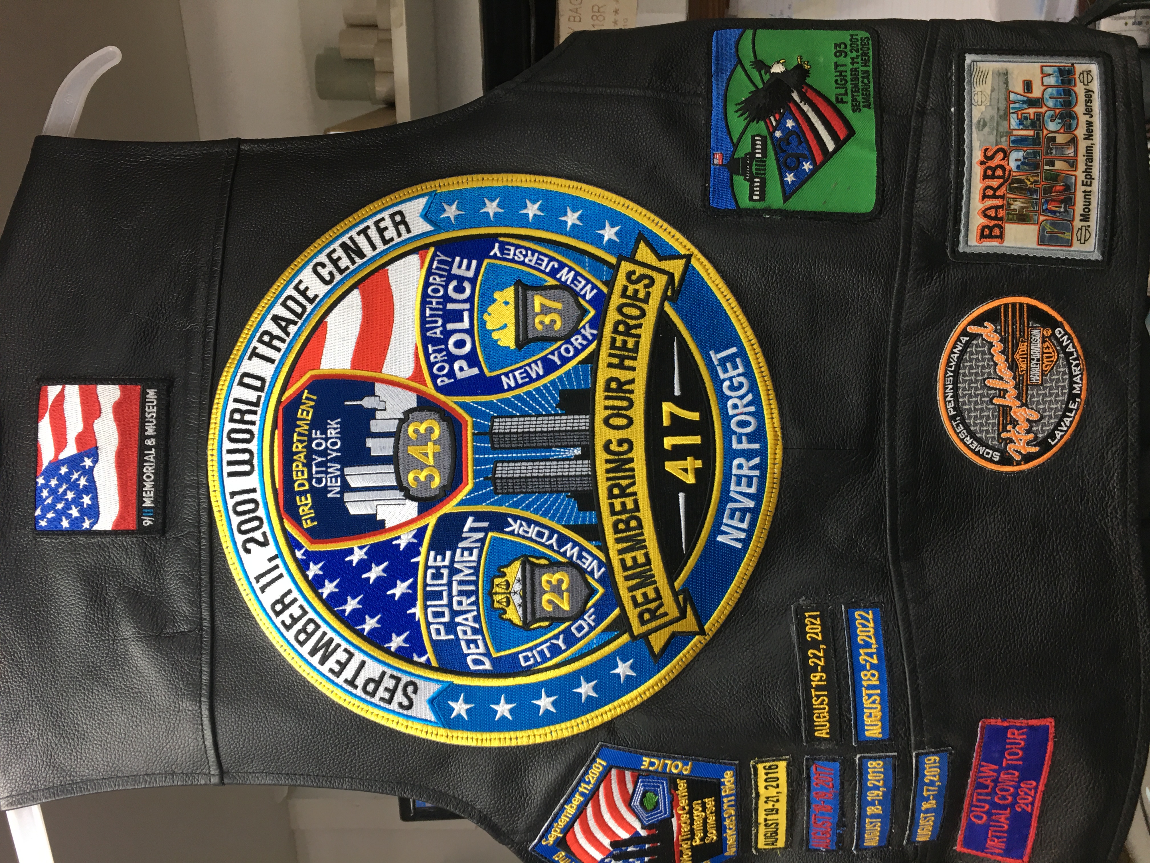 Leather vest September 11 memorial biker patches