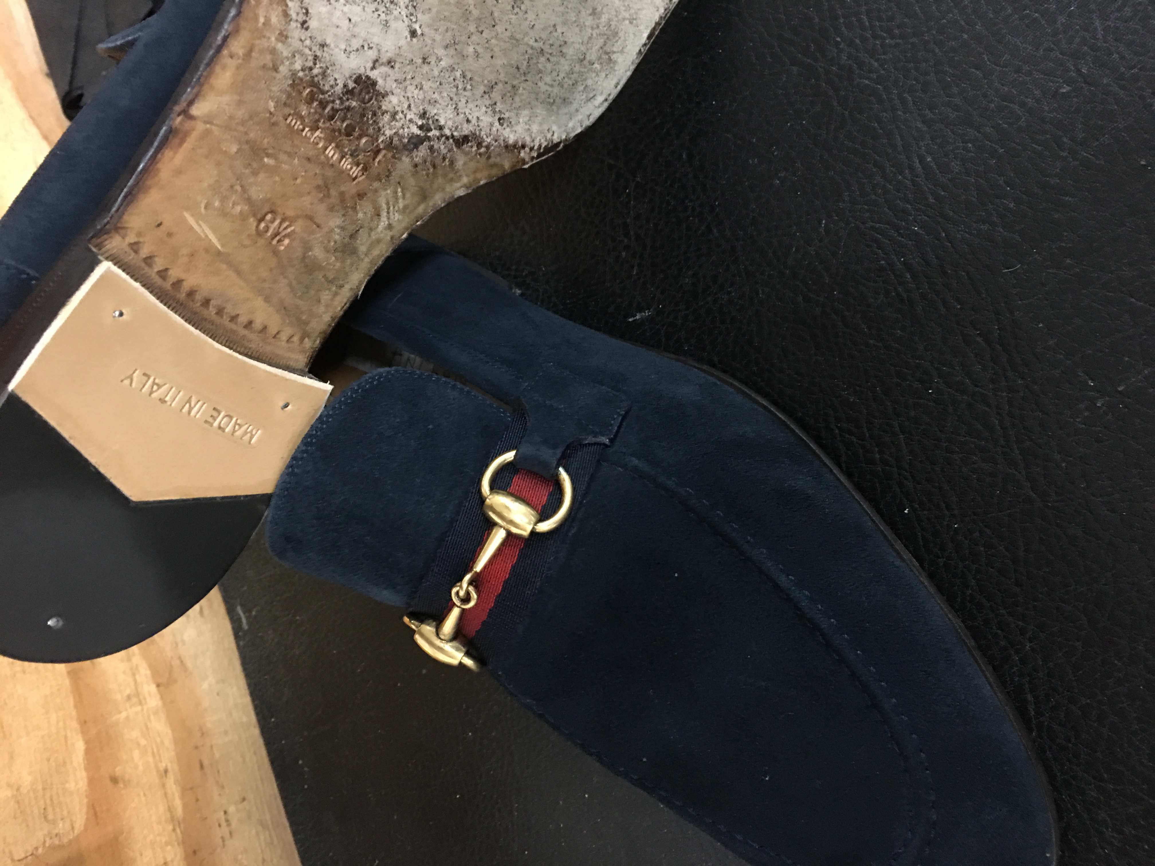 Navy Gucci suede loafer sole replacement